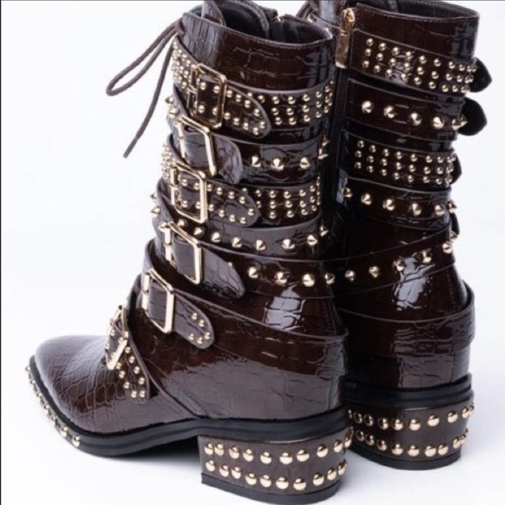 Western Cowboy Brown Vegan Crocodile Leather Studded Belt Strap Riding Boots - Picture 5 of 5